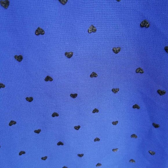 Kieu's Sheer Colbalt Blue w/Black Hearts Blouse Peter Pan Collar Size Medium - Picture 5 of 6